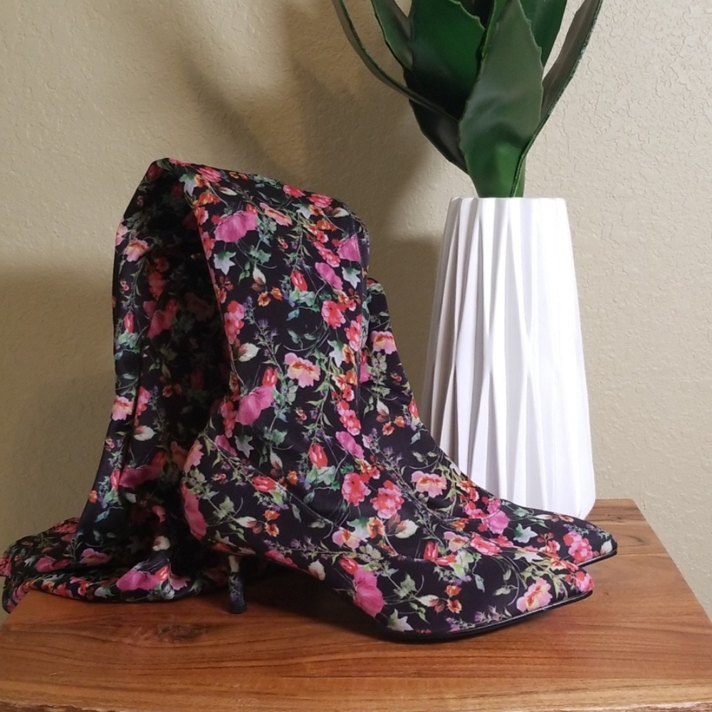 Floral print knee high boots